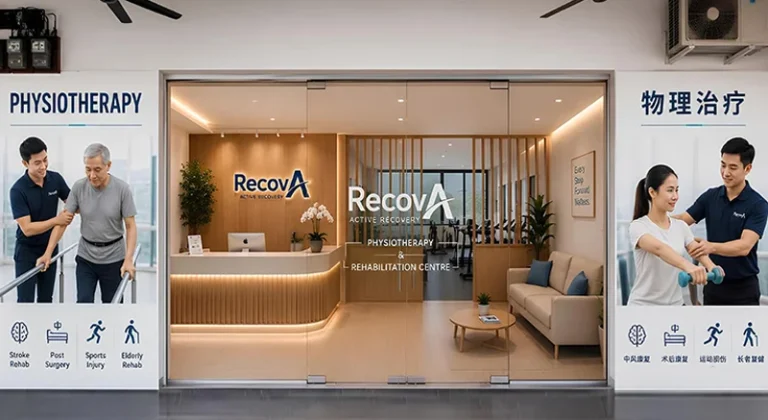 Modern reception and entrance of RecovA physiotherapy and rehabilitation centre in Johor Malaysia