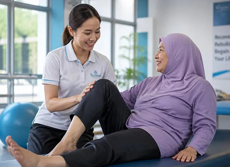 Physiotherapy knee flexion and lower limb mobility exercise with a professional therapist at RecovA Johor Malaysia